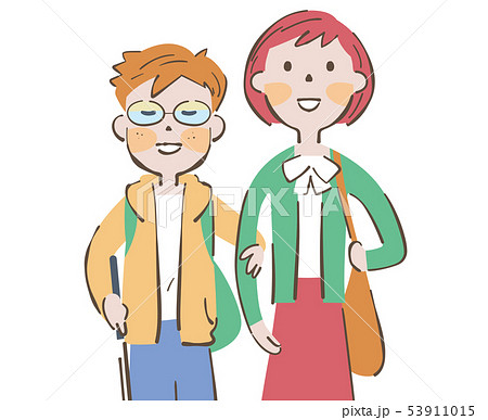 道路の安全を確認しながら歩く白杖を持った視覚弱者の男の子と誘導する女性 イラスト 53911015