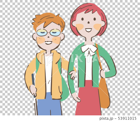 道路の安全を確認しながら歩く白杖を持った視覚弱者の男の子と誘導する女性 イラスト 53911015