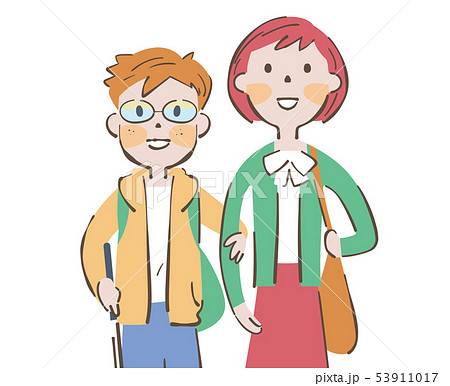 道路の安全を確認しながら歩く白杖を持った視覚弱者の男の子と誘導する女性 イラスト 道路の安全を確認しながら歩く白杖を持った視覚弱者の男の子と誘導する女性 イラスト 53911017