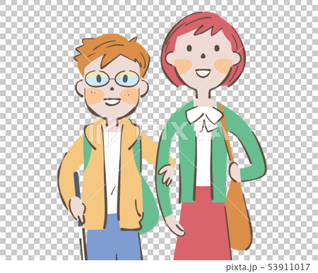 道路の安全を確認しながら歩く白杖を持った視覚弱者の男の子と誘導する女性 イラスト 道路の安全を確認しながら歩く白杖を持った視覚弱者の男の子と誘導する女性 イラスト 53911017