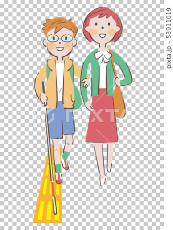 道路の安全を確認しながら歩く白杖を持った視覚弱者の男の子と誘導する女性 イラスト 53911019
