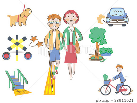 道路の安全を確認しながら歩く白杖を持った視覚弱者の男の子と誘導する女性 イラスト 53911021