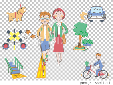 道路の安全を確認しながら歩く白杖を持った視覚弱者の男の子と誘導する女性 イラスト 53911021