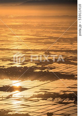 《新潟県》越後平野の夜明け・水鏡の田園風景 53911410