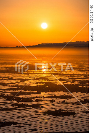 《新潟県》越後平野の夜明け・水鏡の田園風景 53911446
