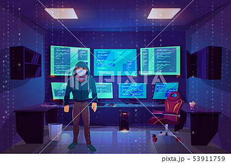 Hacker in server room, multiple computer monitors Hacker in server room, multiple computer monitors 53911759