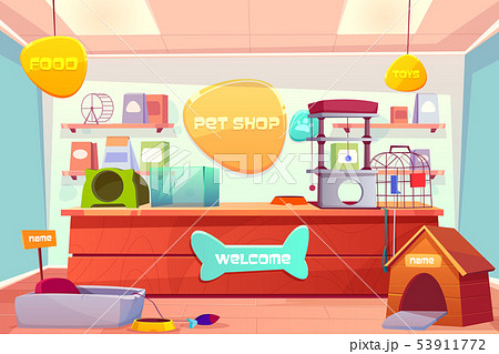 Pet shop interior, domestic animal store with desk Pet shop interior, domestic animal store with desk 53911772