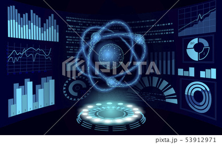 Virtual reality science research concept. HUD display work on project augmented reality. 3D atom Virtual reality science research concept. HUD display work on project augmented reality. 3D atom 53912971