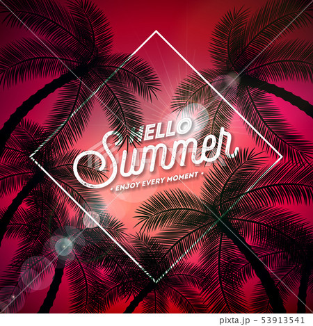 Hello Summer Illustration with Typography Letter and Tropical Palm Trees on Red Background. Vector Hello Summer Illustration with Typography Letter and Tropical Palm Trees on Red Background. Vector 53913541