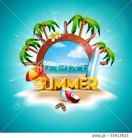 Vector Summer Holiday Illustration with Ship Steering Wheel and Exotic Palm Trees on Tropical Island Vector Summer Holiday Illustration with Ship Steering Wheel and Exotic Palm Trees on Tropical Island 53913625
