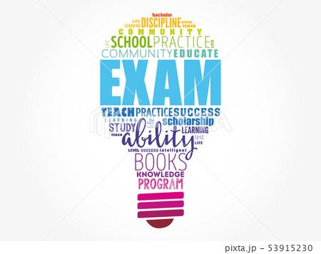 EXAM light bulb word cloud EXAM light bulb word cloud 53915230