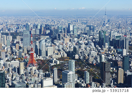 東京の空撮 東京タワー 東京スカイツリーの写真素材