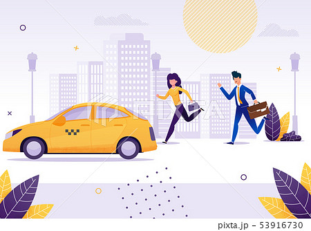Girl and Businessman Running to Get Yellow Taxi. 53916730