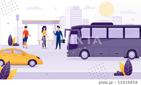 People Standing At Bus Stop Waiting For Transport のイラスト素材