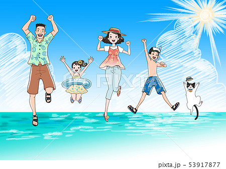 ジャンプする家族と夏の青空と海のイラスト素材