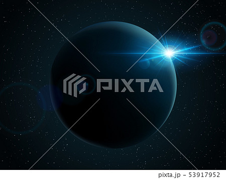 無数の星を背景とした宇宙空間で、青く光り輝くレンズフレアと惑星 53917952