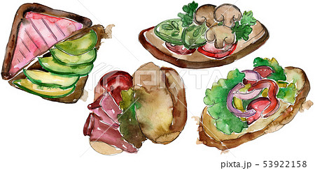 Sandwich tasty fast food. Watercolor background illustration set. Isolated sandwich illustration 53922158