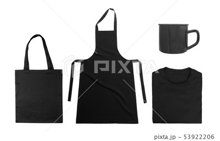 Collection of black objects isolated on white background. Black cotton bag, black folded t-shirt 53922206