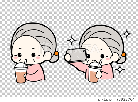 流行りのチーズティーを飲みスマホで自撮りする可愛いおばあちゃんのイラスト素材のイラスト素材