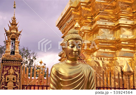 黄金色に輝くタイ仏教寺院の仏塔と仏像・イメージ (チェンマイ) 黄金色に輝くタイ仏教寺院の仏塔と仏像・イメージ (チェンマイ) 53924564