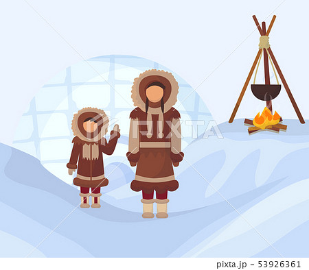 Eskimos in national clothes. Woman and child in traditional north pole costumes. Alaska people with 53926361