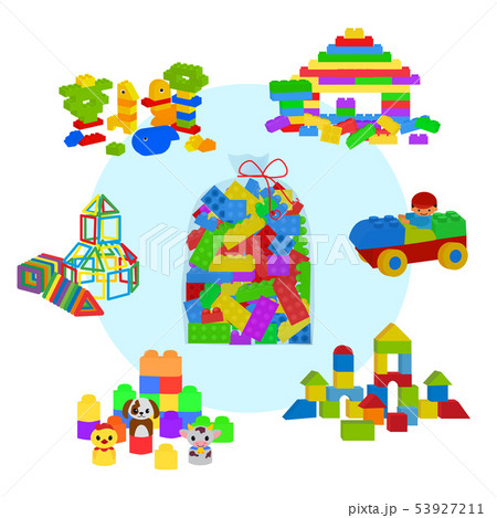Bag full of Lego bricks, wooden cubes and magnetic figures for preschool childrens. Building tower 53927211