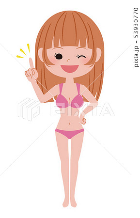 ピンク水着の美人キャラクター色鉛筆画 ピンクの水着の女性：イラスト無料