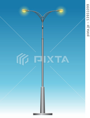 Modern urban lamppost with two glowing lamps 53931099