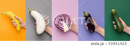 Fruits and vegetables set on different backgrounds Fruits and vegetables set on different backgrounds 53931423