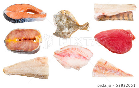various raw frozen fishes, steaks and fillets 53932051