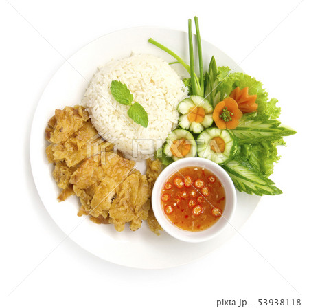 Hainanese crispy fried chicken rice Hainanese crispy fried chicken rice 53938118