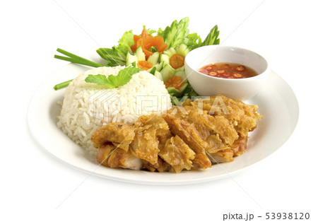 Hainanese crispy fried chicken rice Hainanese crispy fried chicken rice 53938120