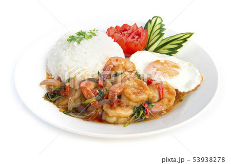 Thai food stir-fried shrimp spicy and basil served Thai food stir-fried shrimp spicy and basil served 53938278