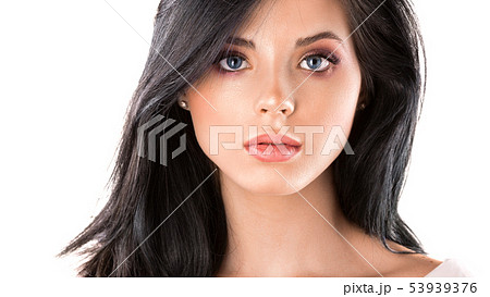 Beautiful woman face close up studio on white. Beautiful woman face close up studio on white. 53939376