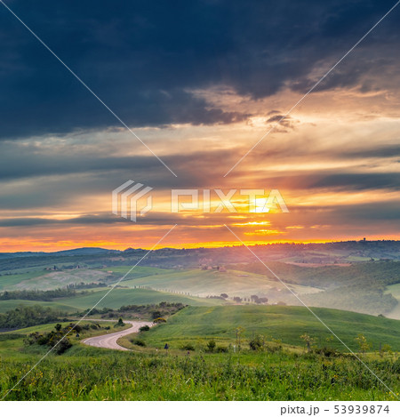 Colorful Tuscany landscape at sunrise 53939874