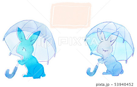 傘を持った青いうさぎイラスト 手描き水彩 Blue Rabbit Illustrationのイラスト素材