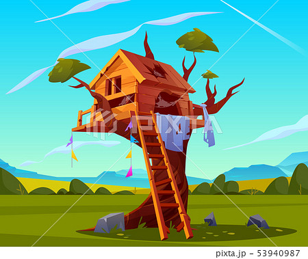 Abandoned house on tree, empty scary playground 53940987