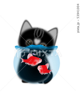 Fluffy Cat Sesame 黒猫と金魚鉢のイラスト素材