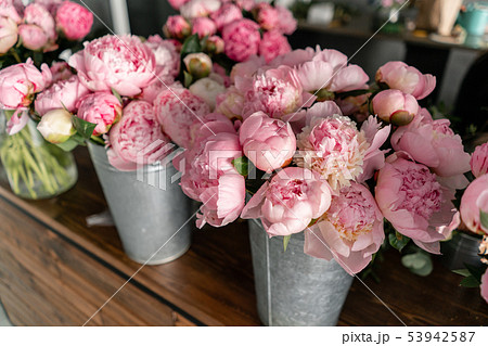 The counter of the flower shop. Pink peonies in a metal vase. Beautiful peony flower for catalog or The counter of the flower shop. Pink peonies in a metal vase. Beautiful peony flower for catalog or 53942587