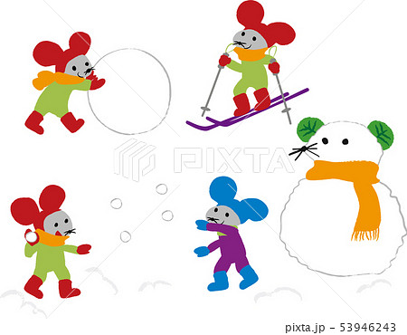 年賀素材 ネズミ 雪だるま 雪合戦 スキー イラスト のイラスト素材