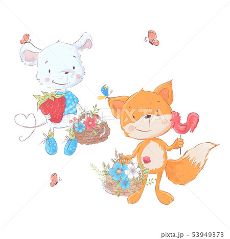 Set cartoons cute animals mouse and fox with baskets of flowers for children illustration. Vector 53949373