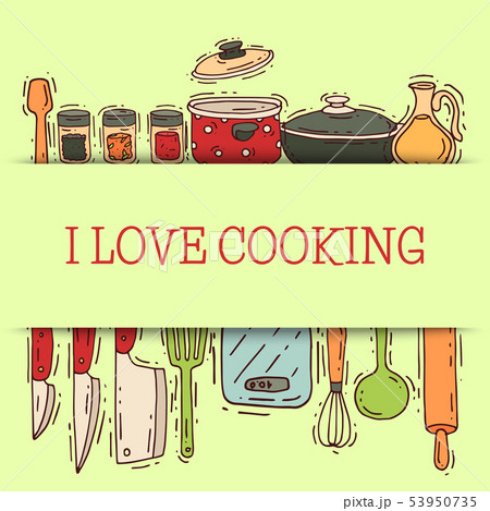 Cooking love shelf equipment vector kitchenware or cookware for food with kitchen utensil cutlery Cooking love shelf equipment vector kitchenware or cookware for food with kitchen utensil cutlery 53950735
