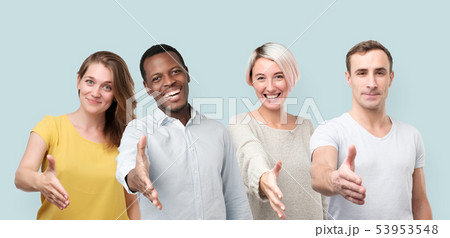 Collage of men and women giving hand for shaking 53953548
