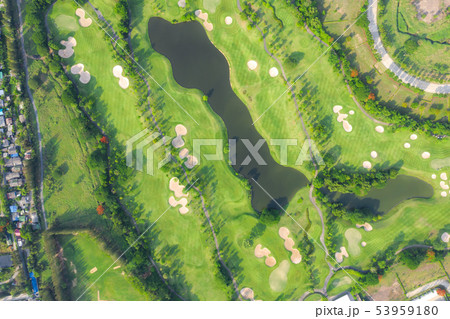Aerial panoramic view of golf course and houses in Aerial panoramic view of golf course and houses in 53959180