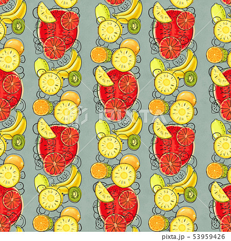 Hand drawn pattern with bananas, coconuts, pineapples. Seamless summer background. 53959426
