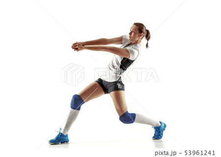 Young female volleyball player isolated on white studio background 53961241