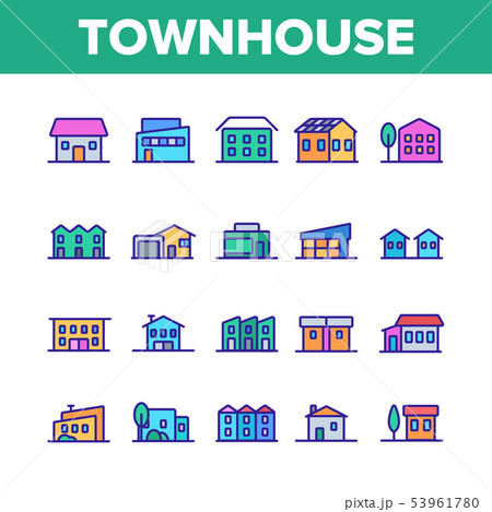 Townhouses, Residential Buildings Vector Linear Icons Set 53961780
