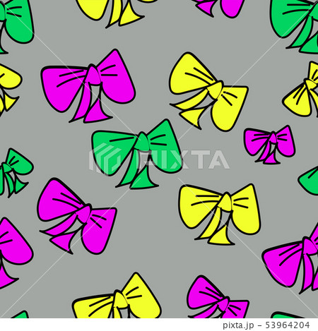 Cute seamless pattern with colored cartoon bows on gray background, fabric blank, packing pattern Cute seamless pattern with colored cartoon bows on gray background, fabric blank, packing pattern 53964204