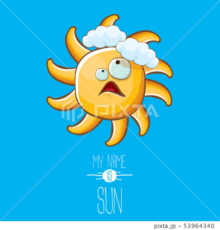 vector funky cartoon style summer sun character on blue sky background. My name is sun concept vector funky cartoon style summer sun character on blue sky background. My name is sun concept 53964340