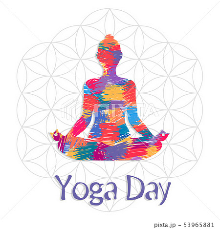 Yoga Day card of abstract art woman in lotus pose 53965881